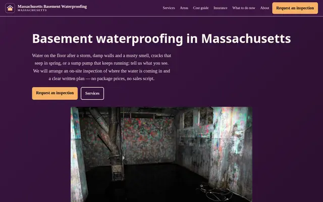 Home page of massachusettsbasementwaterproofing.com