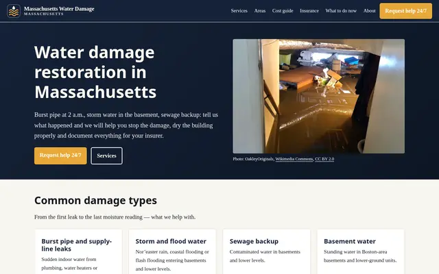 Home page of waterdamagemassachusetts.com