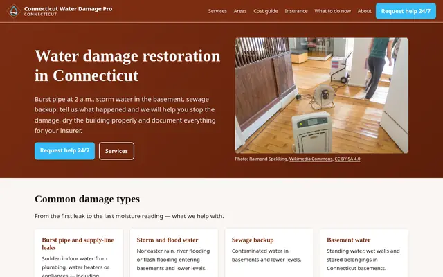 Home page of waterdamageproconnecticut.com