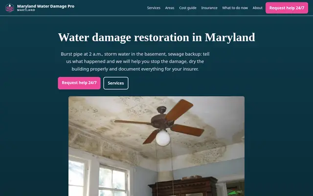 Home page of waterdamagepromaryland.com